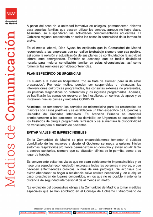 La Comunidad de Madrid aprueba medidas extraordinarias por el coronavirus a aplicar desde el 11 de marzo